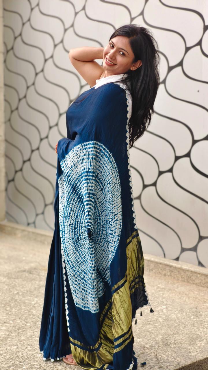 Royal Blue - Modal Saree With Kumo Shibori - Vasaka Jaipur