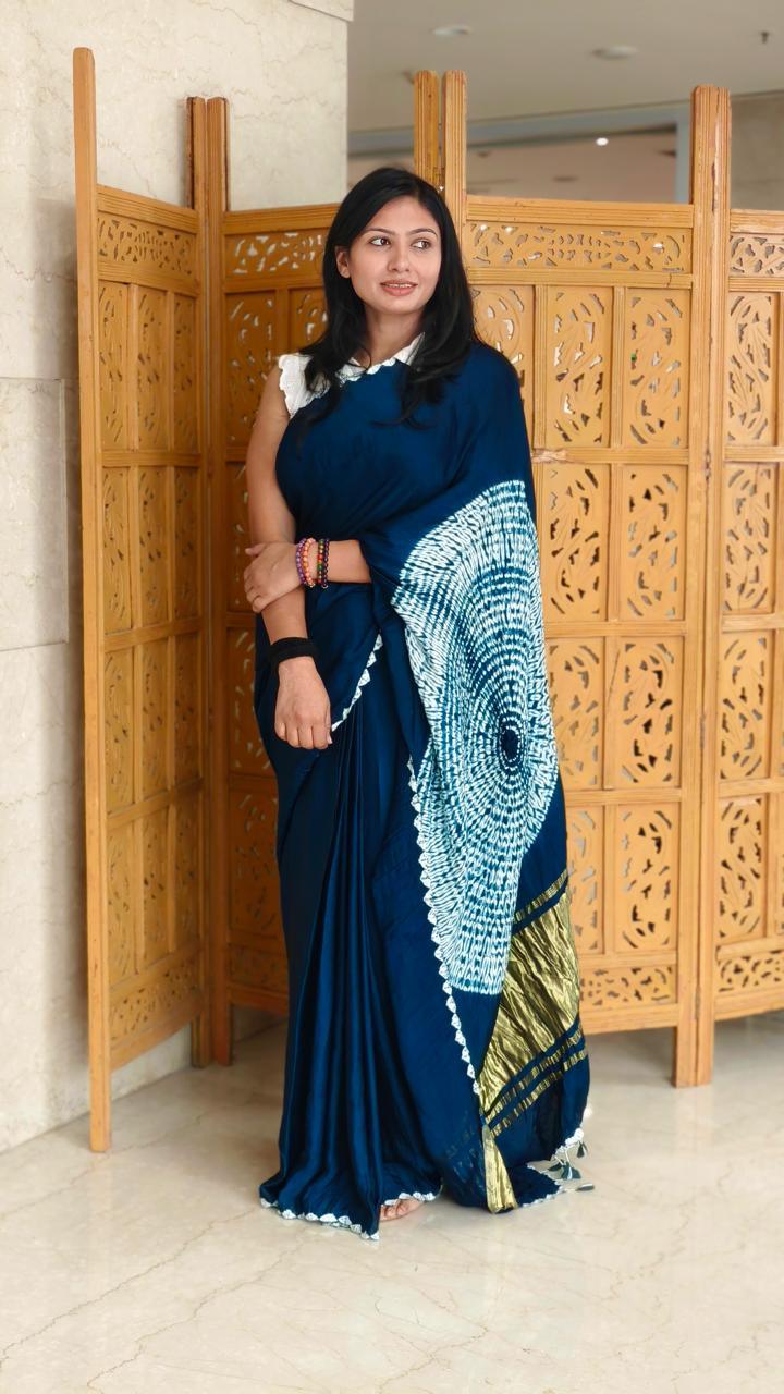 Royal Blue - Modal Saree With Kumo Shibori - Vasaka Jaipur