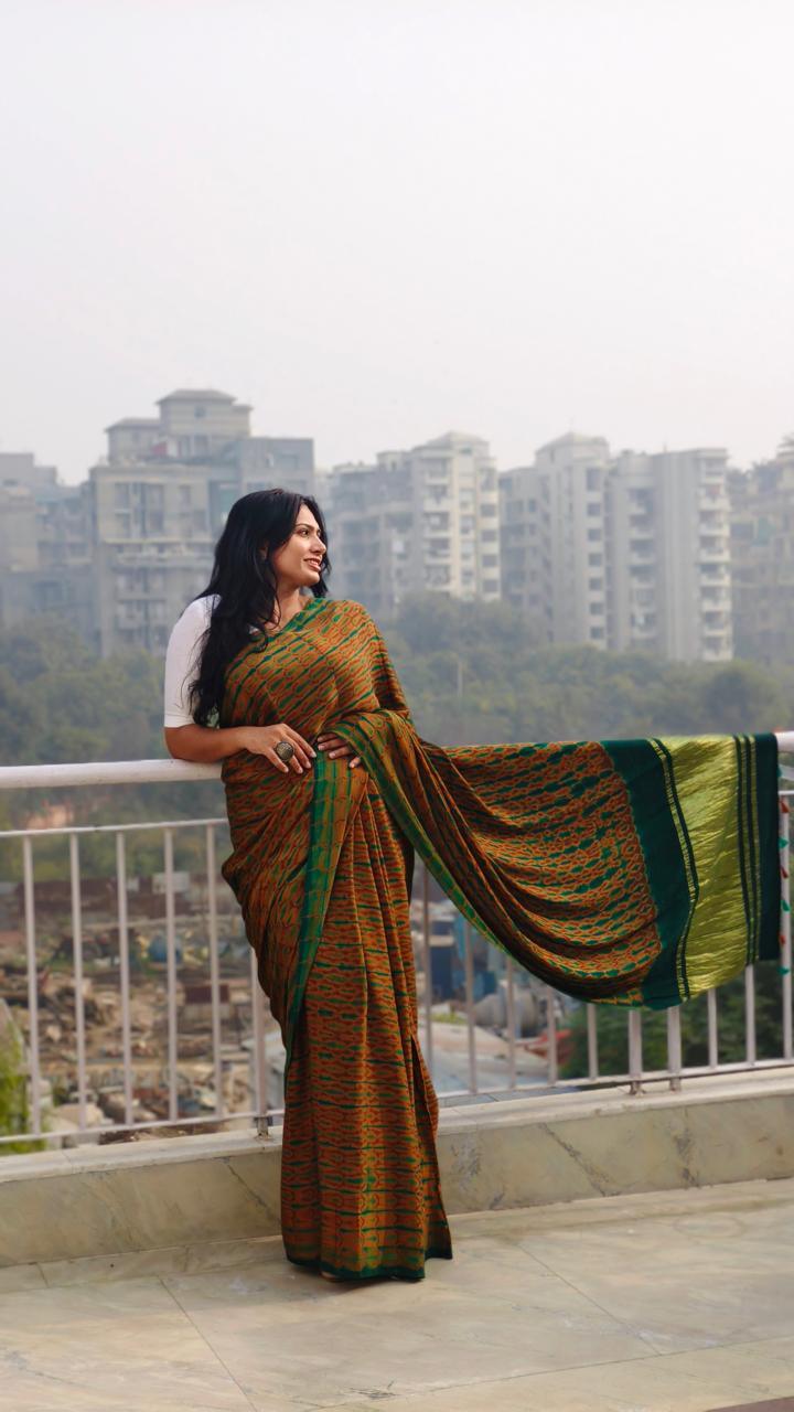 Green - Shibori Modal Silk Saree - Vasaka Jaipur