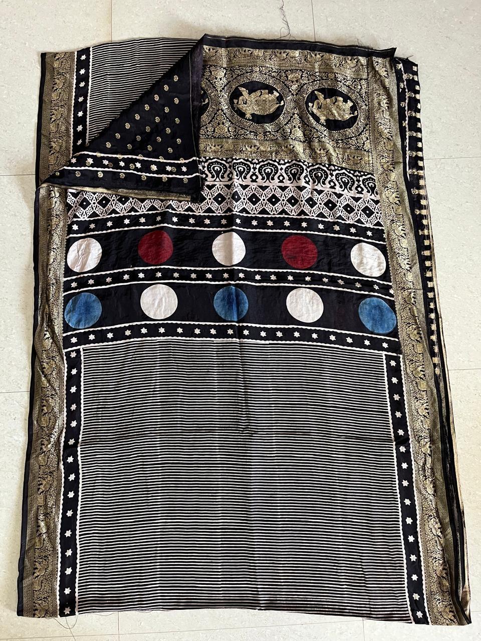 Black - Ajrakh Handblock Dola Silk Saree - Vasaka Jaipur