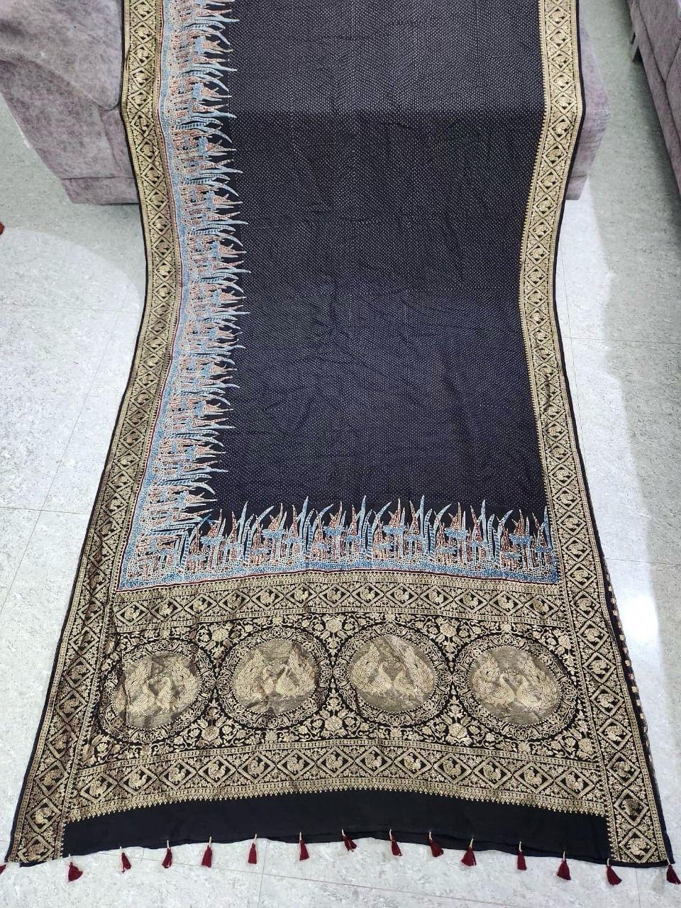 Black - Ajrakh Handblock Dola Silk Saree - Vasaka Jaipur