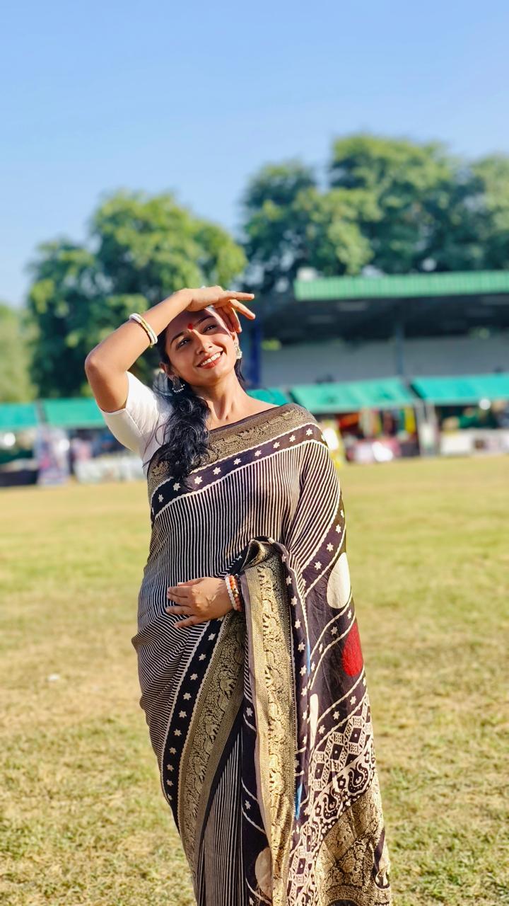 Black - Ajrakh Handblock Dola Silk Saree - Vasaka Jaipur