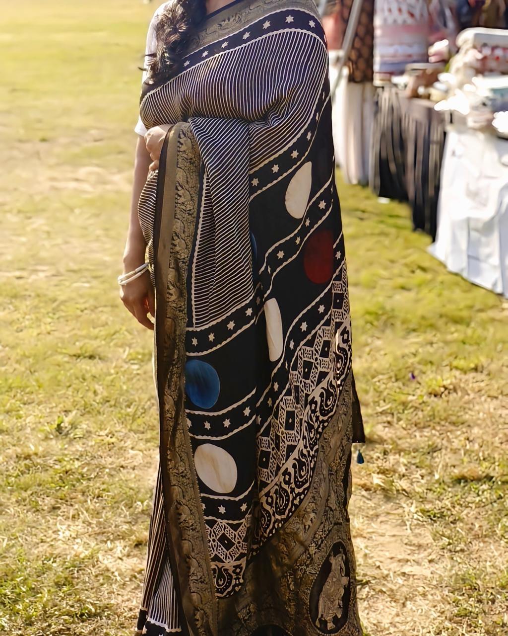Black - Ajrakh Handblock Dola Silk Saree - Vasaka Jaipur