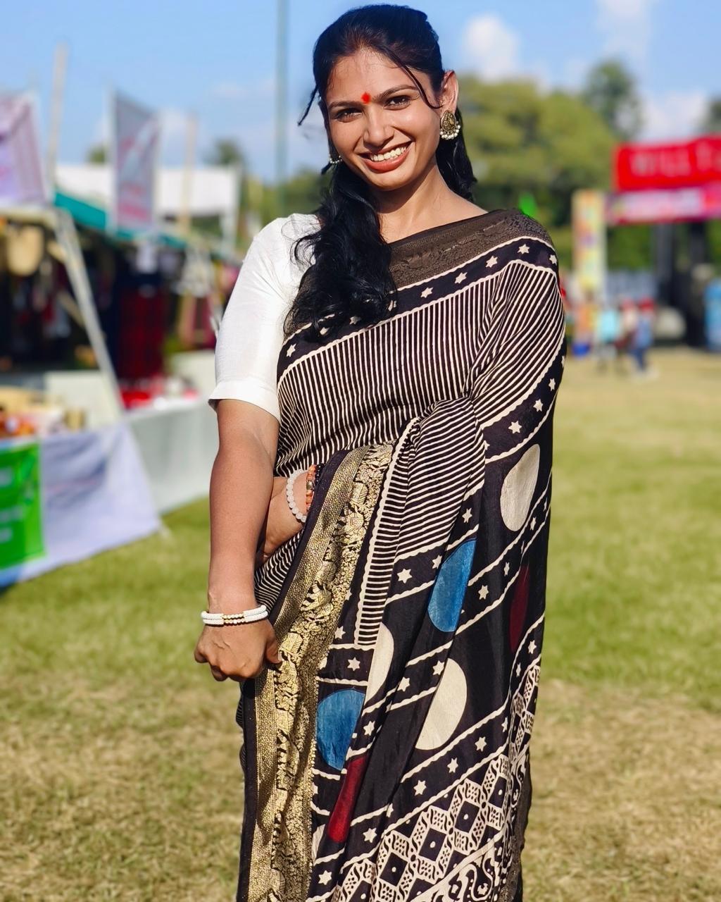 Black - Ajrakh Handblock Dola Silk Saree - Vasaka Jaipur