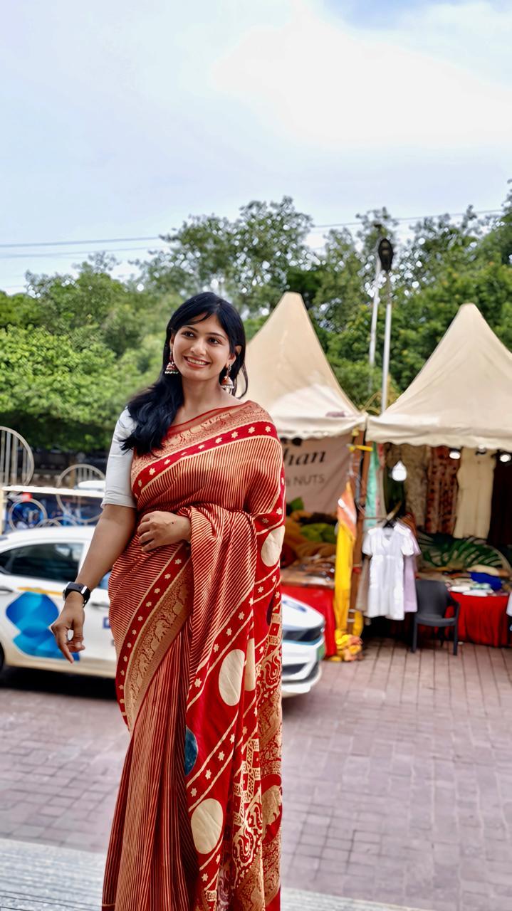 Red - Ajrakh Handblock Dola Silk Saree - Vasaka Jaipur