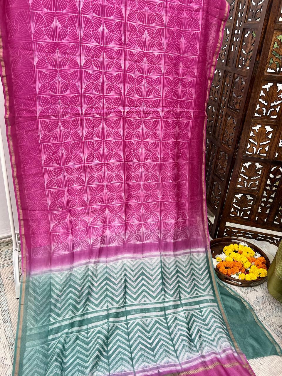 Pink - Nui Shibori Tie-Dye Chanderi Cotsilk Saree - Vasaka Jaipur