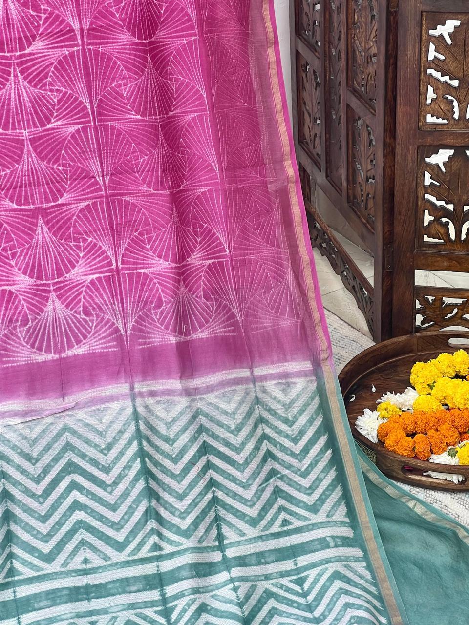 Pink - Nui Shibori Tie-Dye Chanderi Cotsilk Saree - Vasaka Jaipur