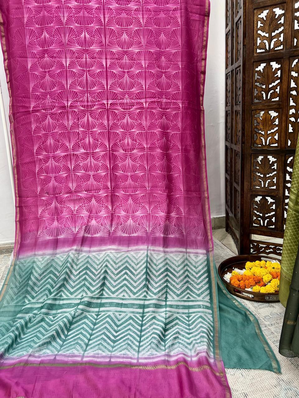 Pink - Nui Shibori Tie-Dye Chanderi Cotsilk Saree - Vasaka Jaipur
