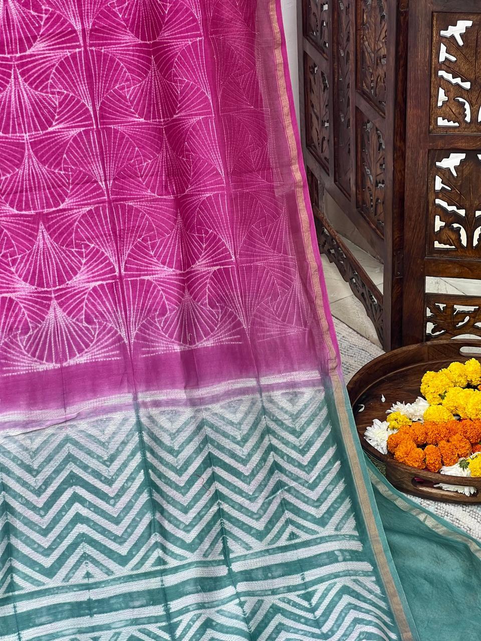 Pink - Nui Shibori Tie-Dye Chanderi Cotsilk Saree - Vasaka Jaipur