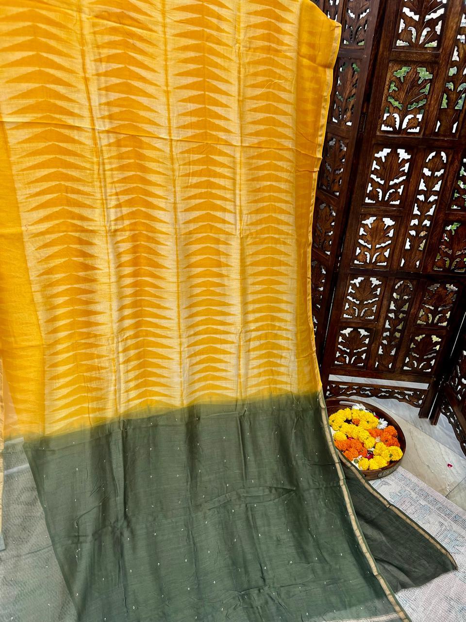 Yellow - Nui Shibori Tie-Dye Chanderi Cotsilk Saree with Mukaish Work on Pallu - Vasaka Jaipur