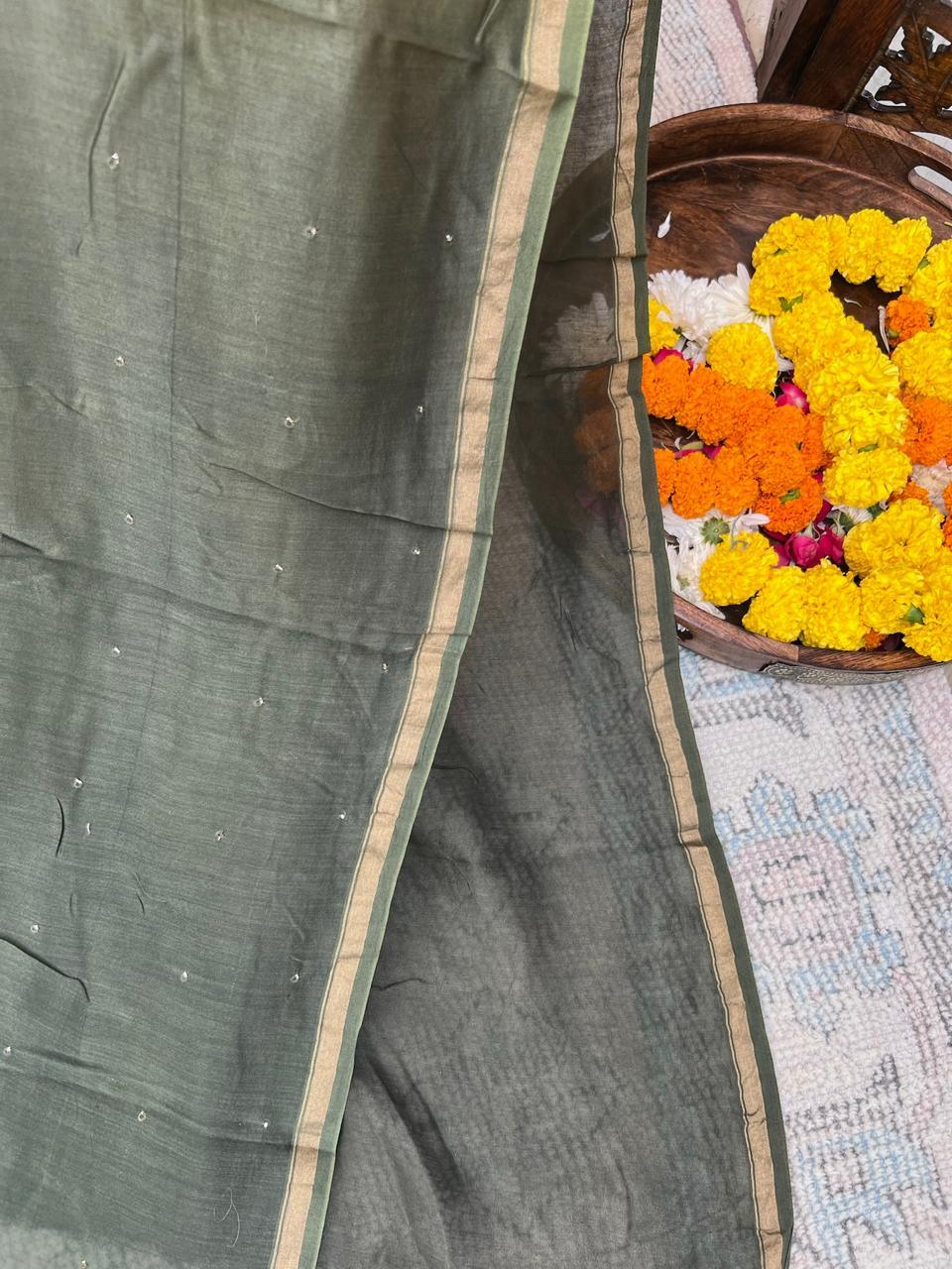 Yellow - Nui Shibori Tie-Dye Chanderi Cotsilk Saree with Mukaish Work on Pallu - Vasaka Jaipur