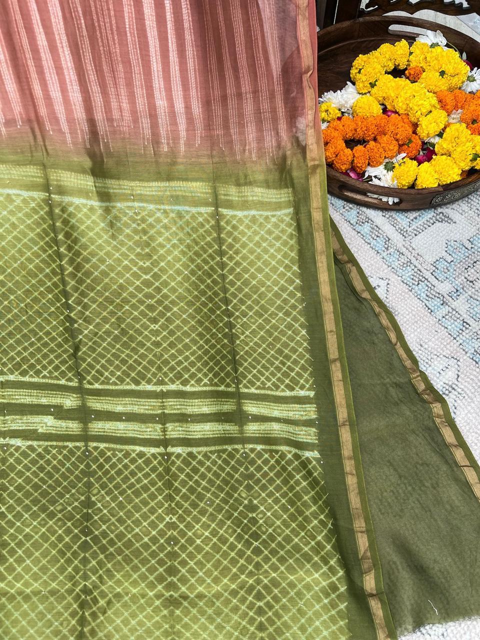 Chocolate Brown - Nui Shibori Tie-Dye Chanderi Cotsilk Saree with Mukaish Work on Pallu - Vasaka Jaipur