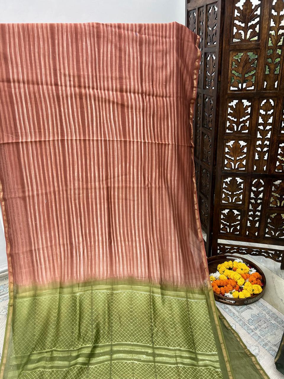 Chocolate Brown - Nui Shibori Tie-Dye Chanderi Cotsilk Saree with Mukaish Work on Pallu - Vasaka Jaipur