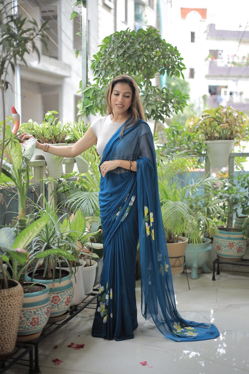 Navy Blue - Handpainted Chiffon Saree - Vasaka Jaipur