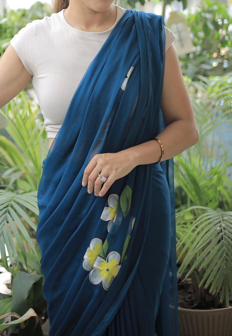 Navy Blue - Handpainted Chiffon Saree - Vasaka Jaipur