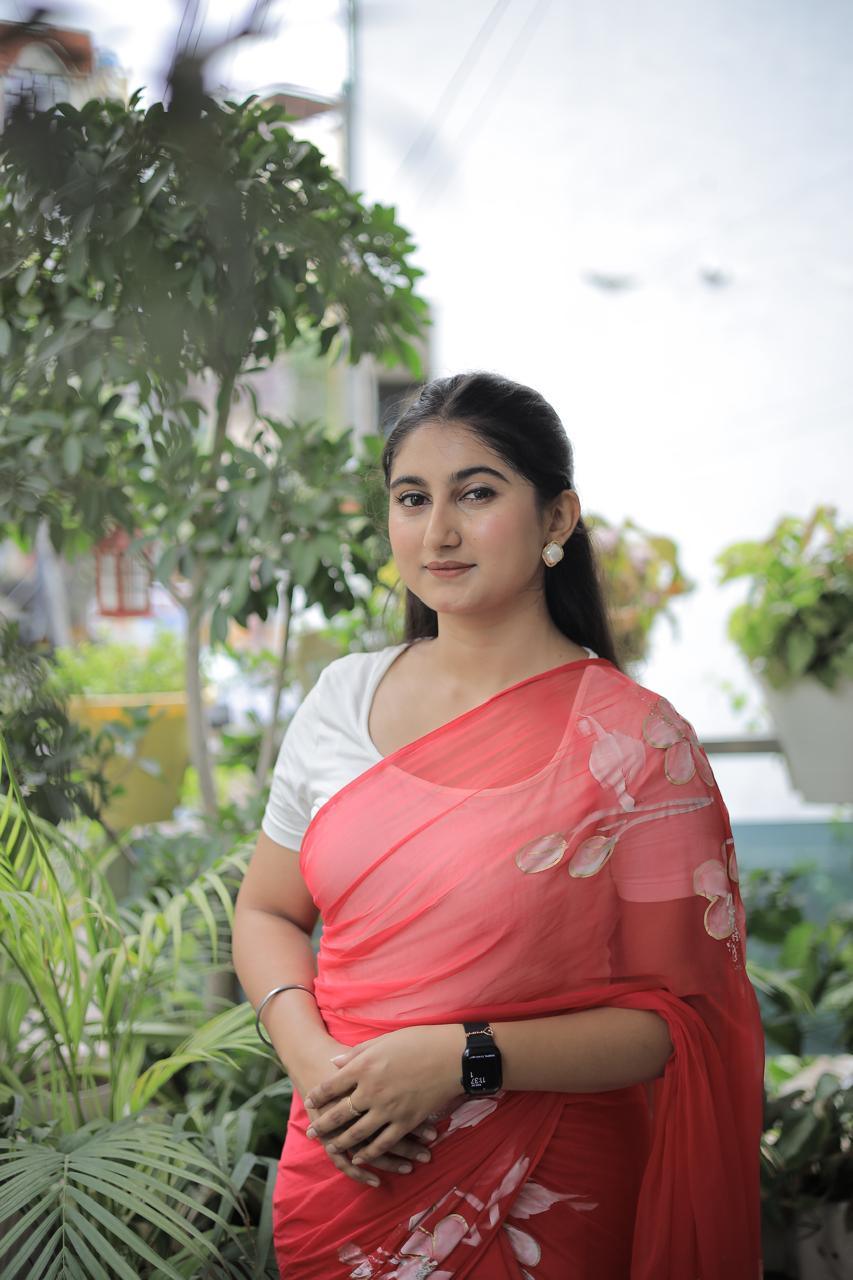 Candyfloss Pink : Handpainted Chiffon Saree in Rani Pink - Vasaka Jaipur