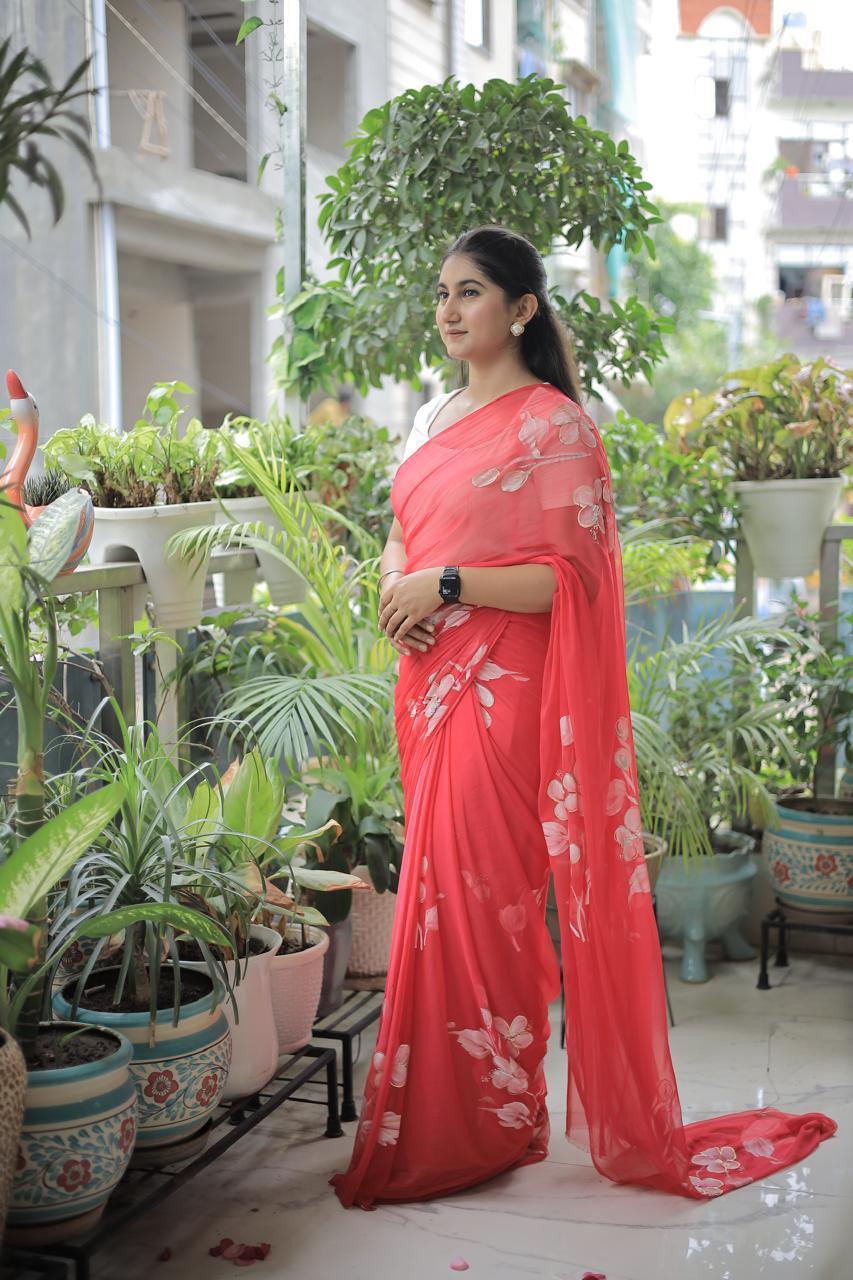 Candyfloss Pink : Handpainted Chiffon Saree in Rani Pink - Vasaka Jaipur