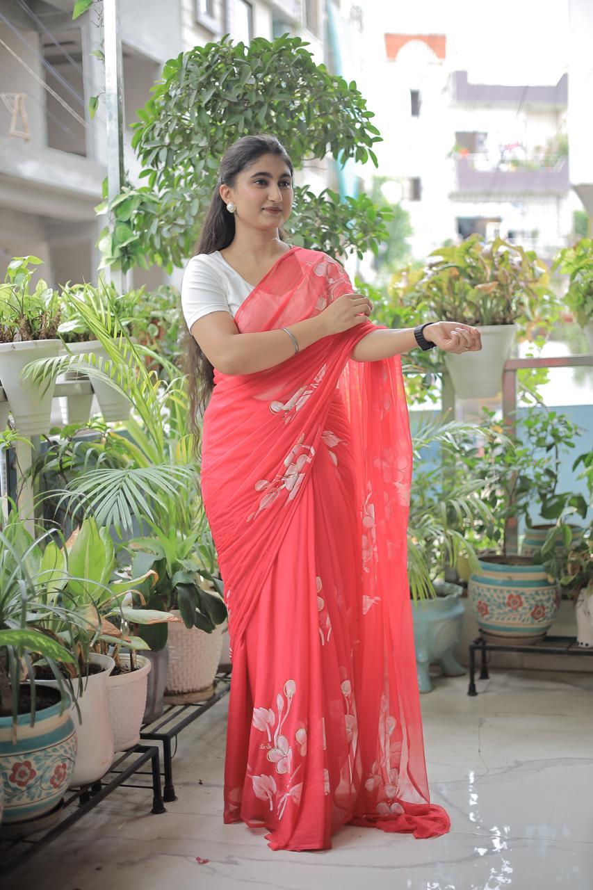 Candyfloss Pink : Handpainted Chiffon Saree in Rani Pink - Vasaka Jaipur