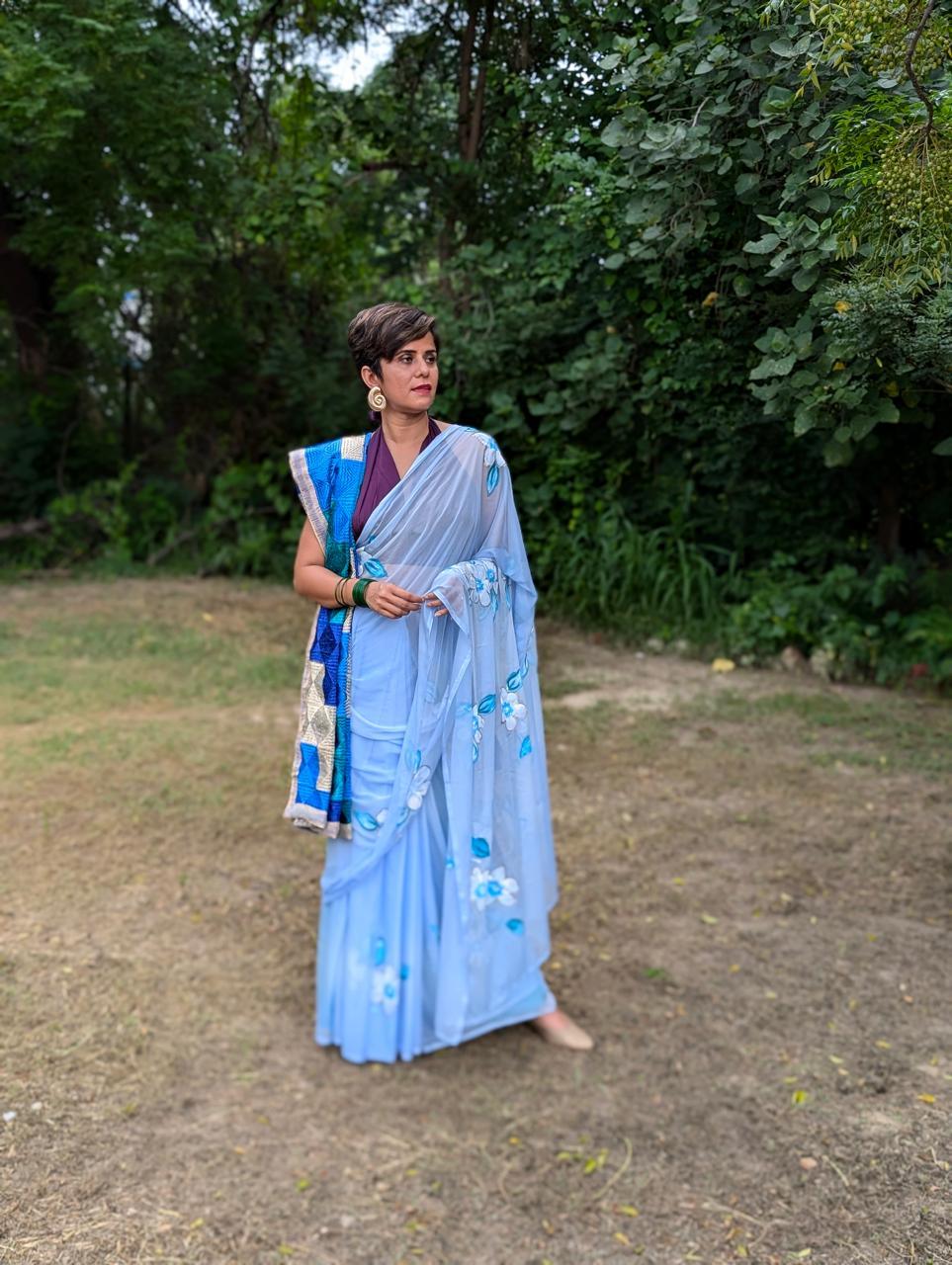 Powder Blue - Handpainted Chiffon Saree - Vasaka Jaipur