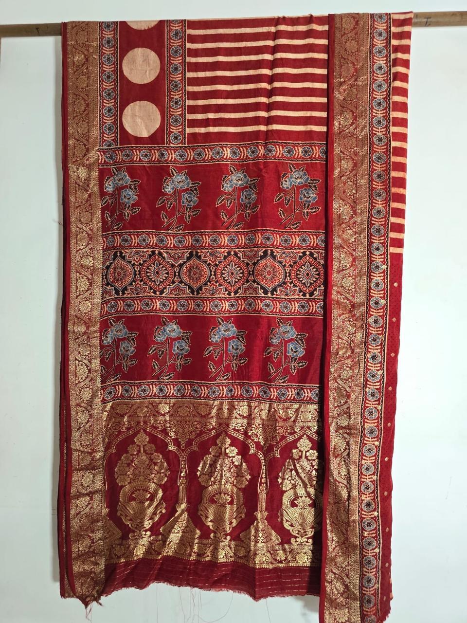 Red - Ajrakh Handblock Dola Silk Saree - Vasaka Jaipur