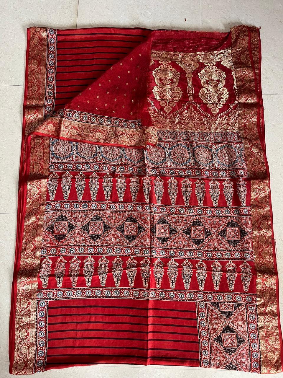 Red - Ajrakh Handblock Dola Silk Saree - Vasaka Jaipur