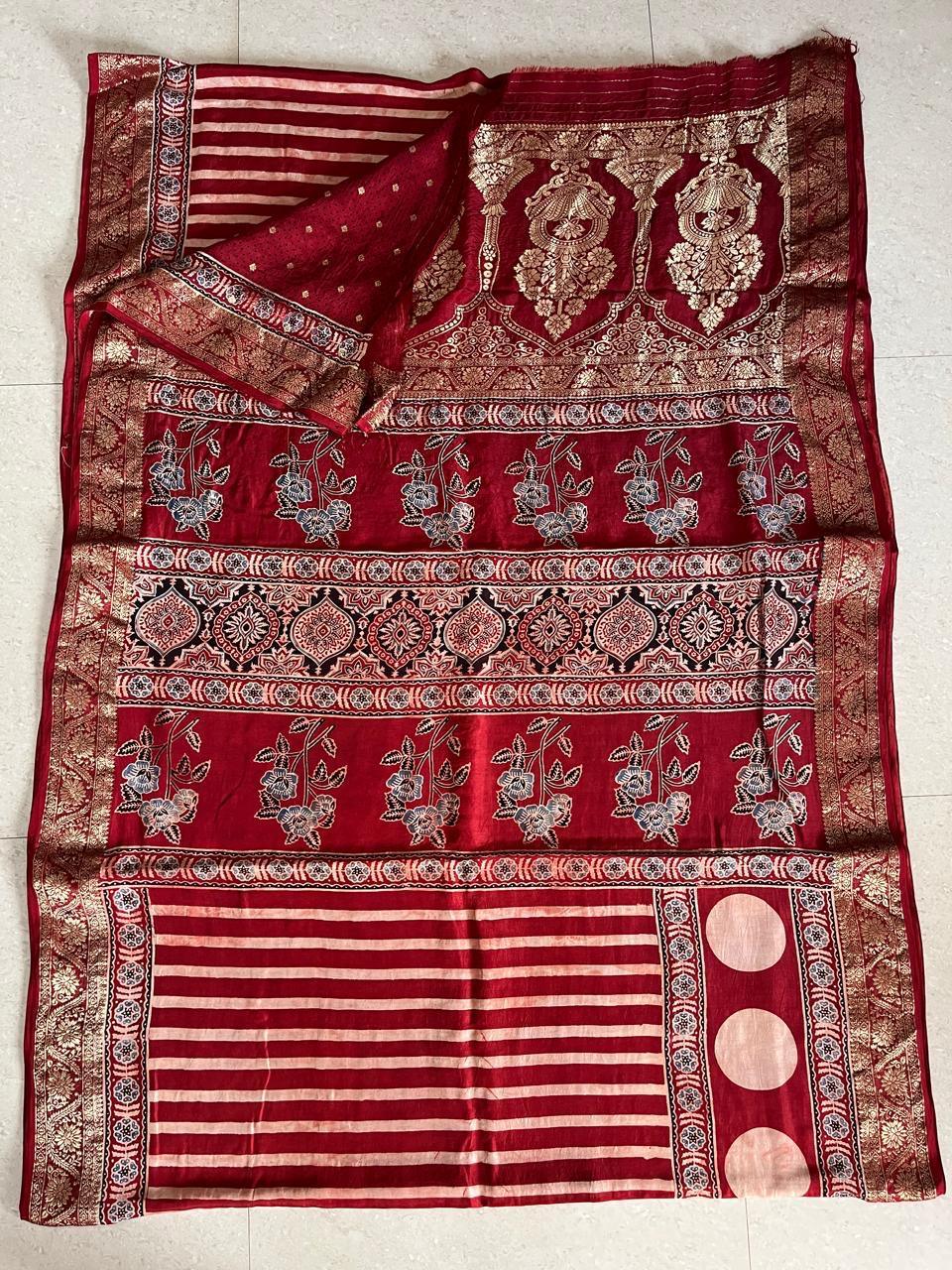 Red - Ajrakh Handblock Dola Silk Saree - Vasaka Jaipur