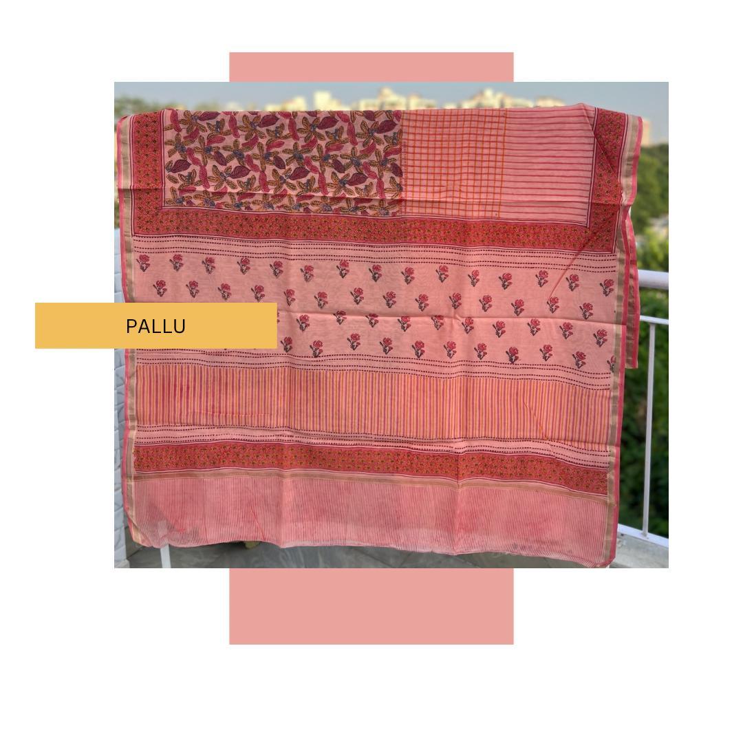 Peach Sanganer Handblock Cotton Silk Saree - Vasaka Jaipur