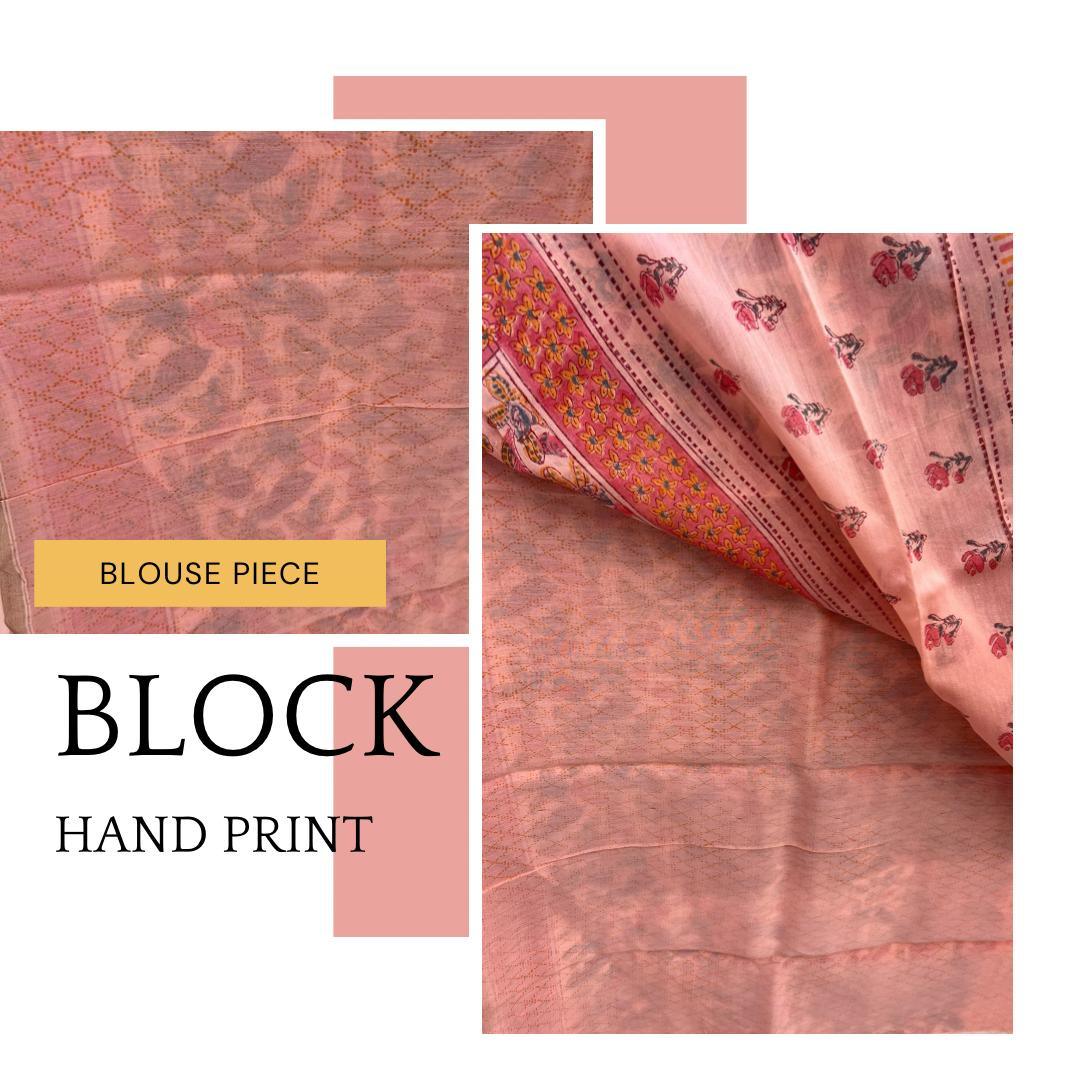 Peach Sanganer Handblock Cotton Silk Saree - Vasaka Jaipur