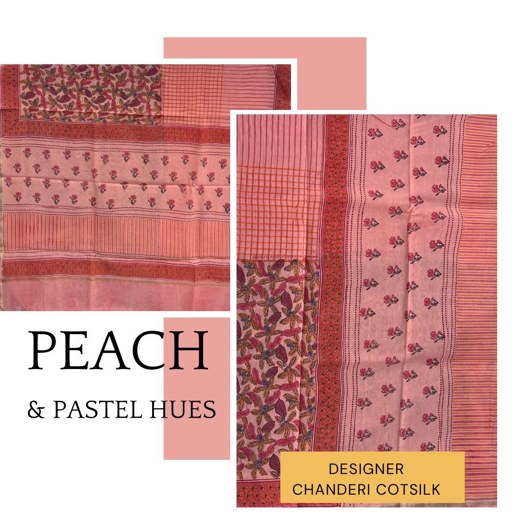 Peach Sanganer Handblock Cotton Silk Saree - Vasaka Jaipur