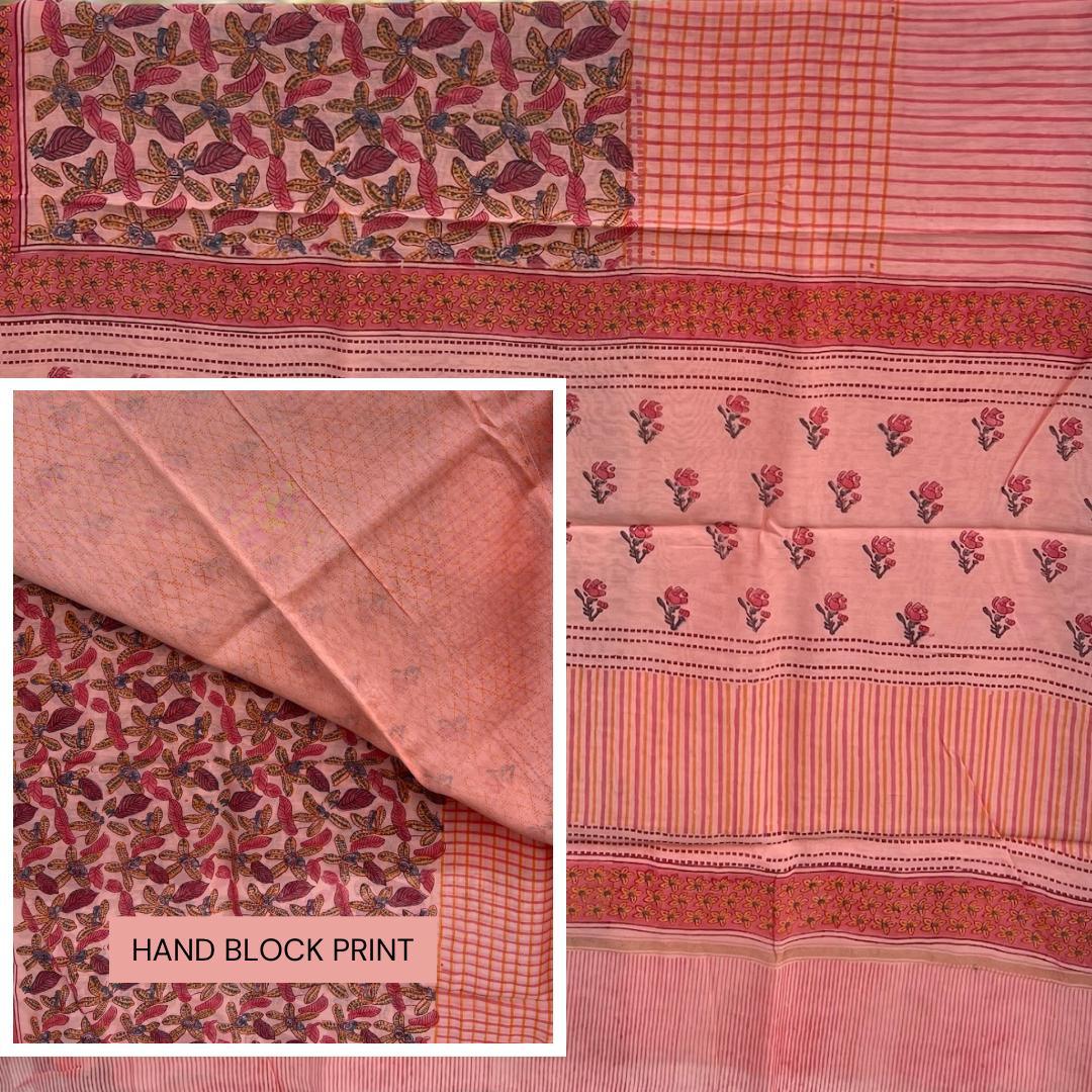 Peach Sanganer Handblock Cotton Silk Saree - Vasaka Jaipur