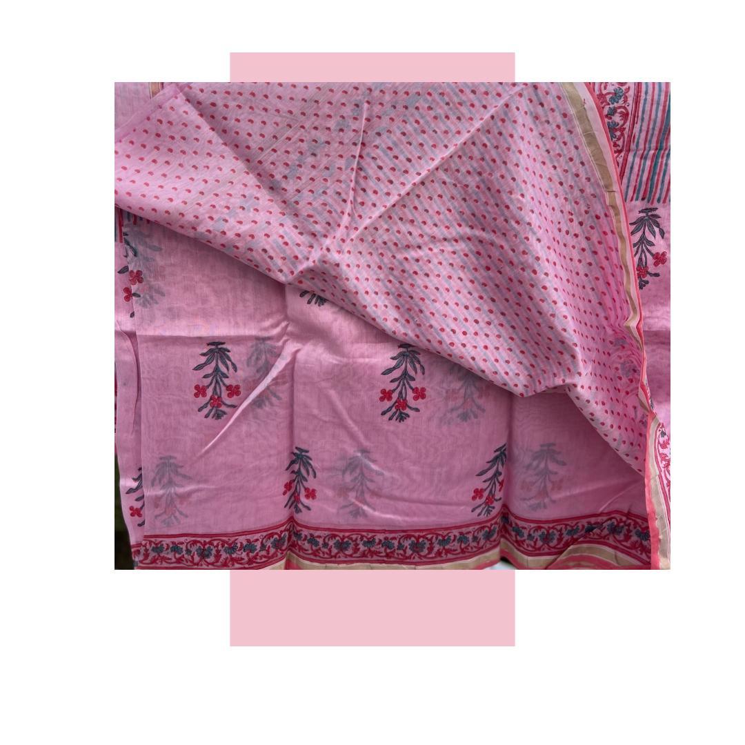 Pastel Pink Sanganer Handblock Cotton Silk Saree - Vasaka Jaipur