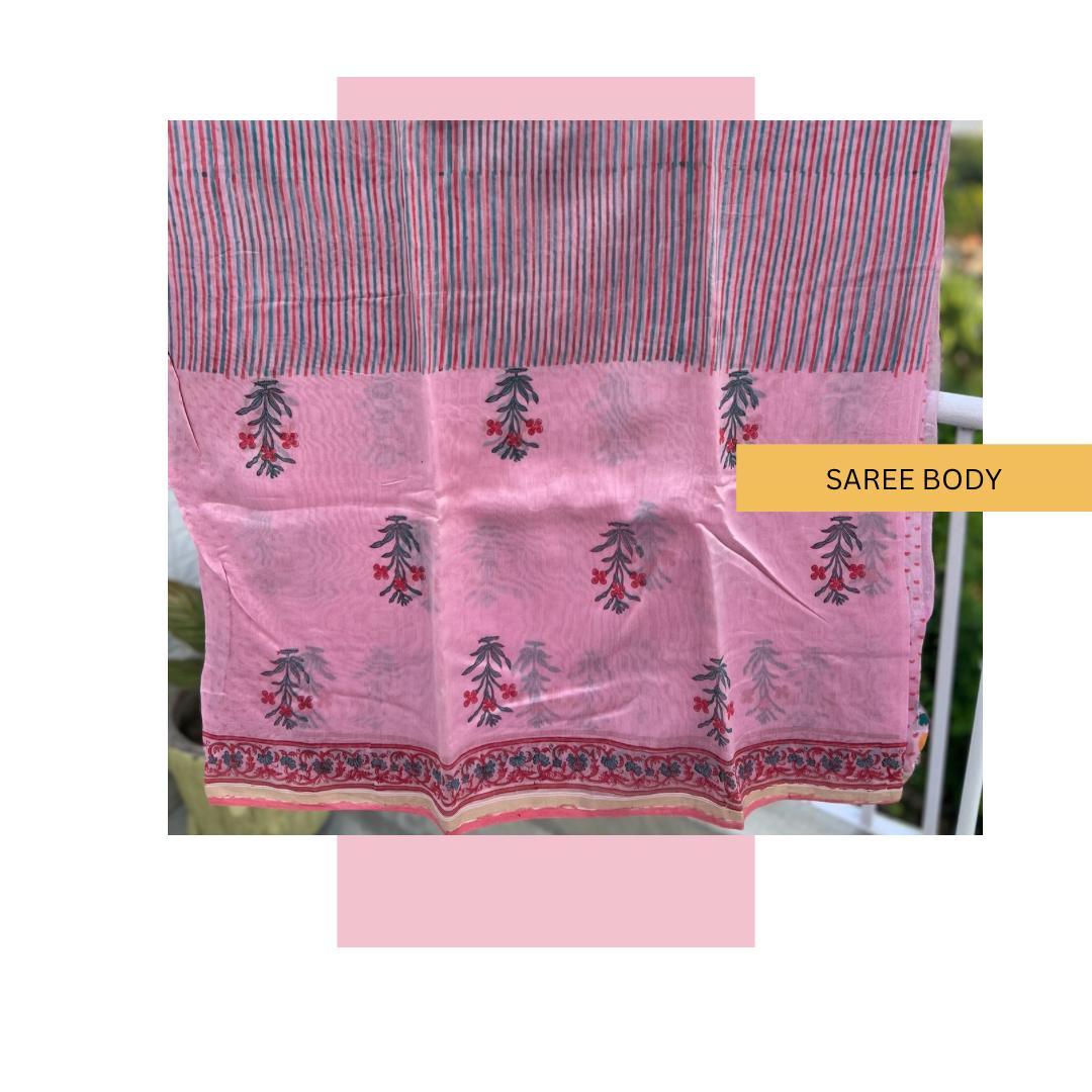 Pastel Pink Sanganer Handblock Cotton Silk Saree - Vasaka Jaipur