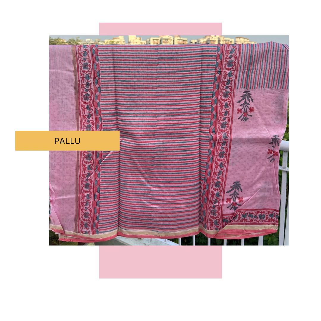 Pastel Pink Sanganer Handblock Cotton Silk Saree - Vasaka Jaipur