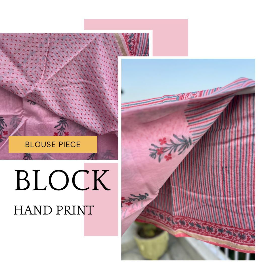 Pastel Pink Sanganer Handblock Cotton Silk Saree - Vasaka Jaipur