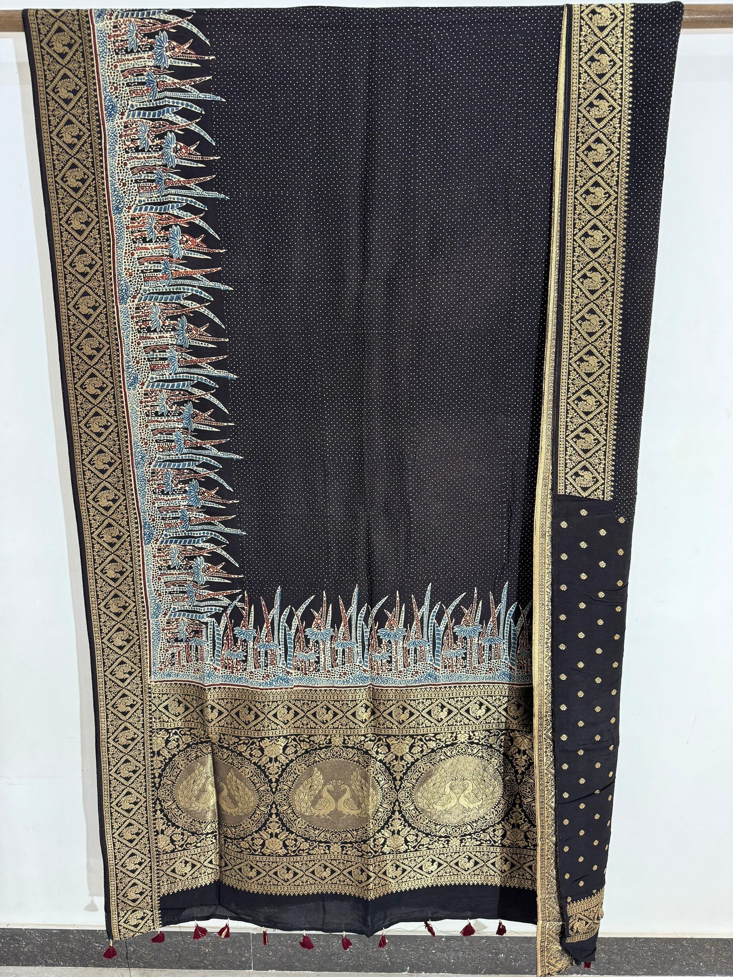 Black - Ajrakh Handblock Dola Silk Saree - Vasaka Jaipur