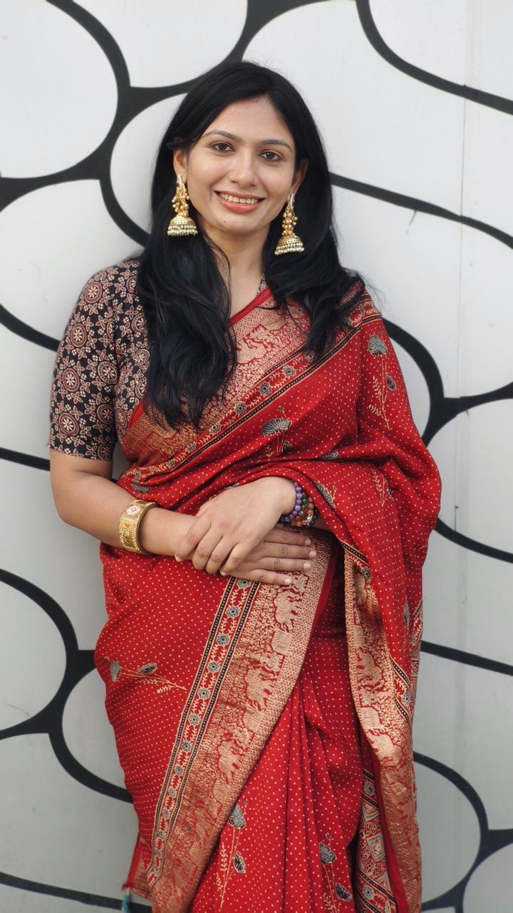 Red - Ajrakh Handblock Dola Silk Saree - Vasaka Jaipur