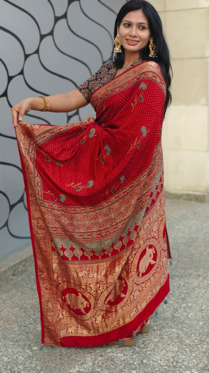 Red - Ajrakh Handblock Dola Silk Saree - Vasaka Jaipur