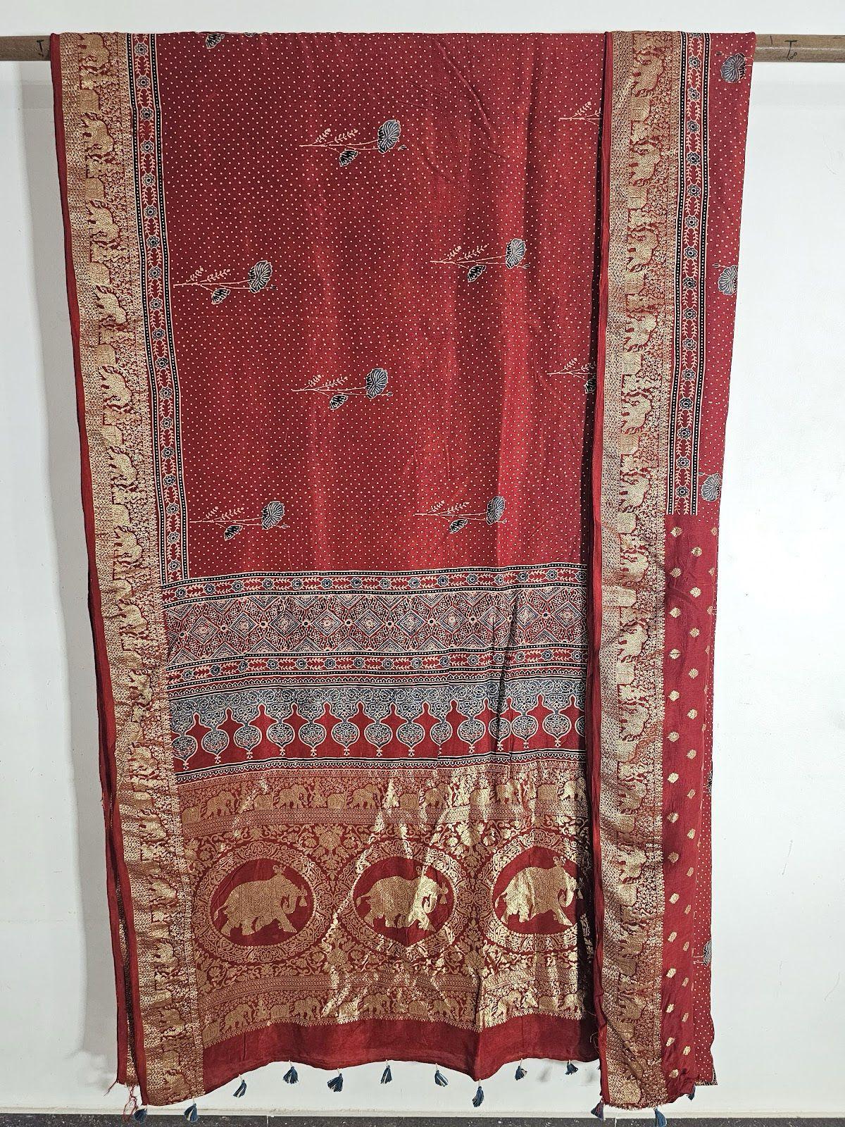 Red - Ajrakh Handblock Dola Silk Saree - Vasaka Jaipur
