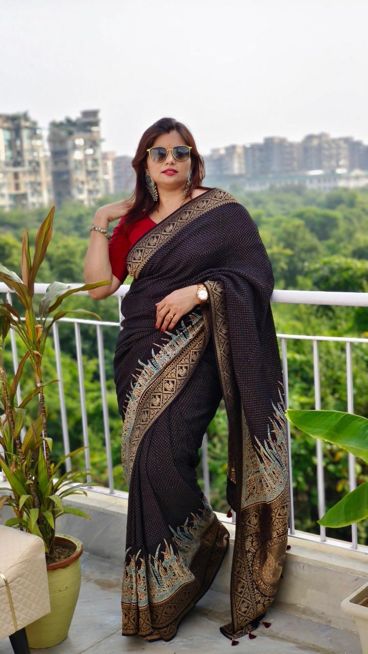 Black - Ajrakh Handblock Dola Silk Saree - Vasaka Jaipur