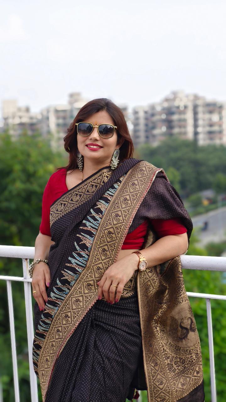 Black - Ajrakh Handblock Dola Silk Saree - Vasaka Jaipur