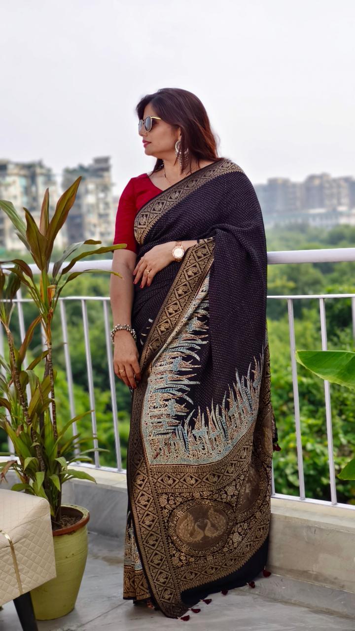 Black - Ajrakh Handblock Dola Silk Saree - Vasaka Jaipur