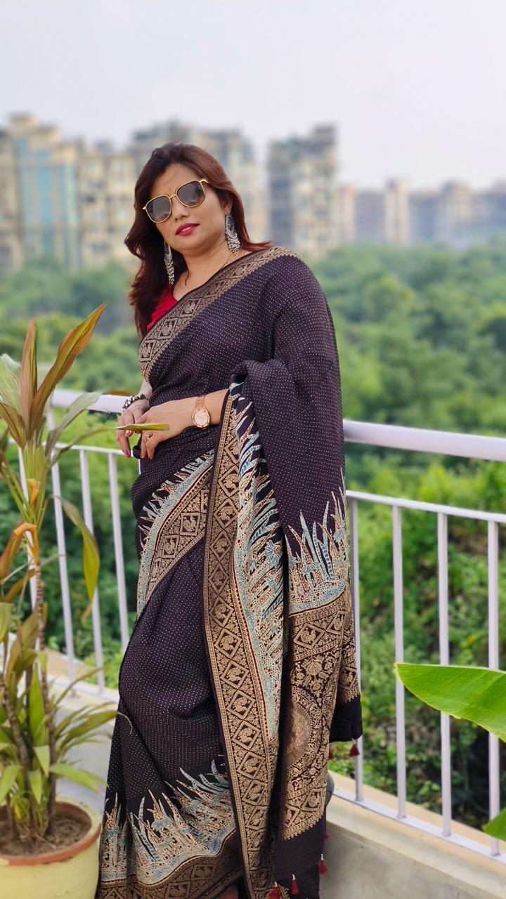 Black - Ajrakh Handblock Dola Silk Saree - Vasaka Jaipur