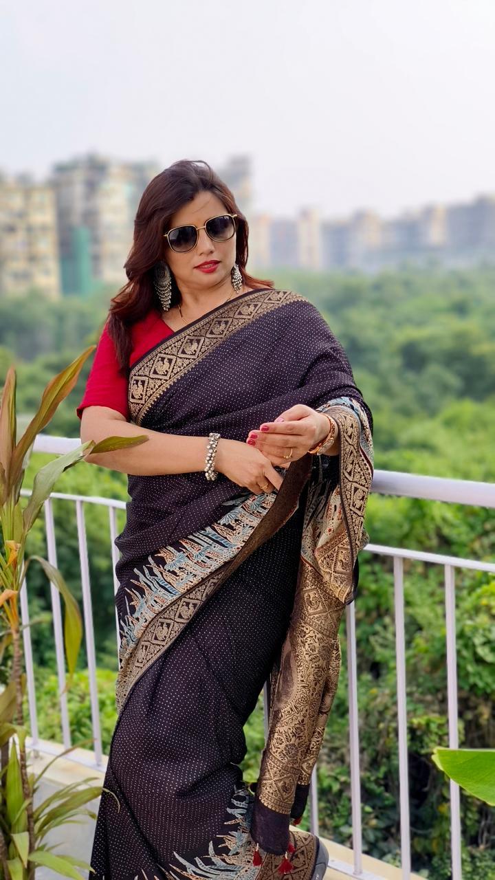 Black - Ajrakh Handblock Dola Silk Saree - Vasaka Jaipur