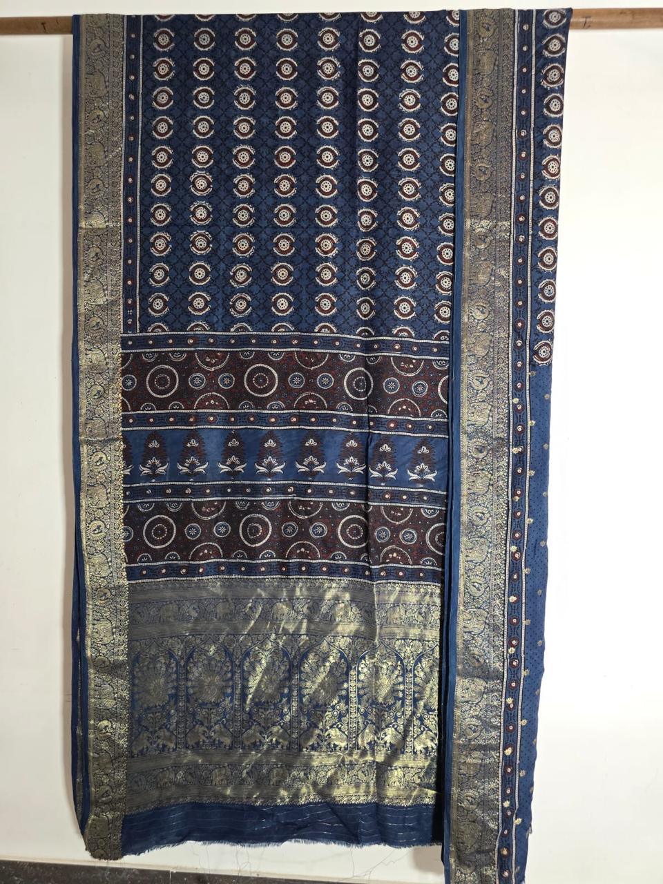 Indigo- Handblock printed ajrakh premium dola silk saree with meenakari pallu - Vasaka Jaipur