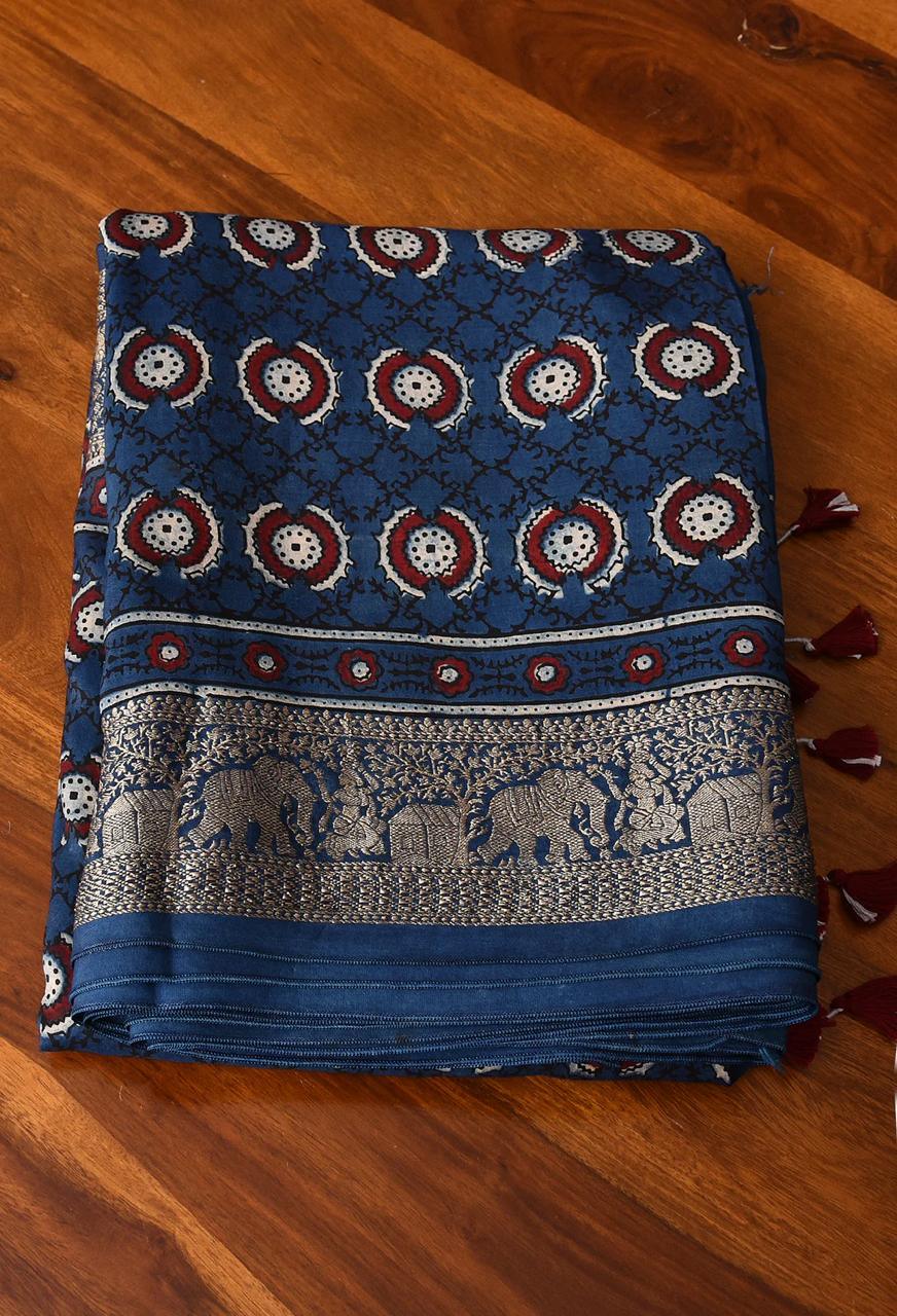 Indigo- Handblock printed ajrakh premium dola silk saree with meenakari pallu - Vasaka Jaipur