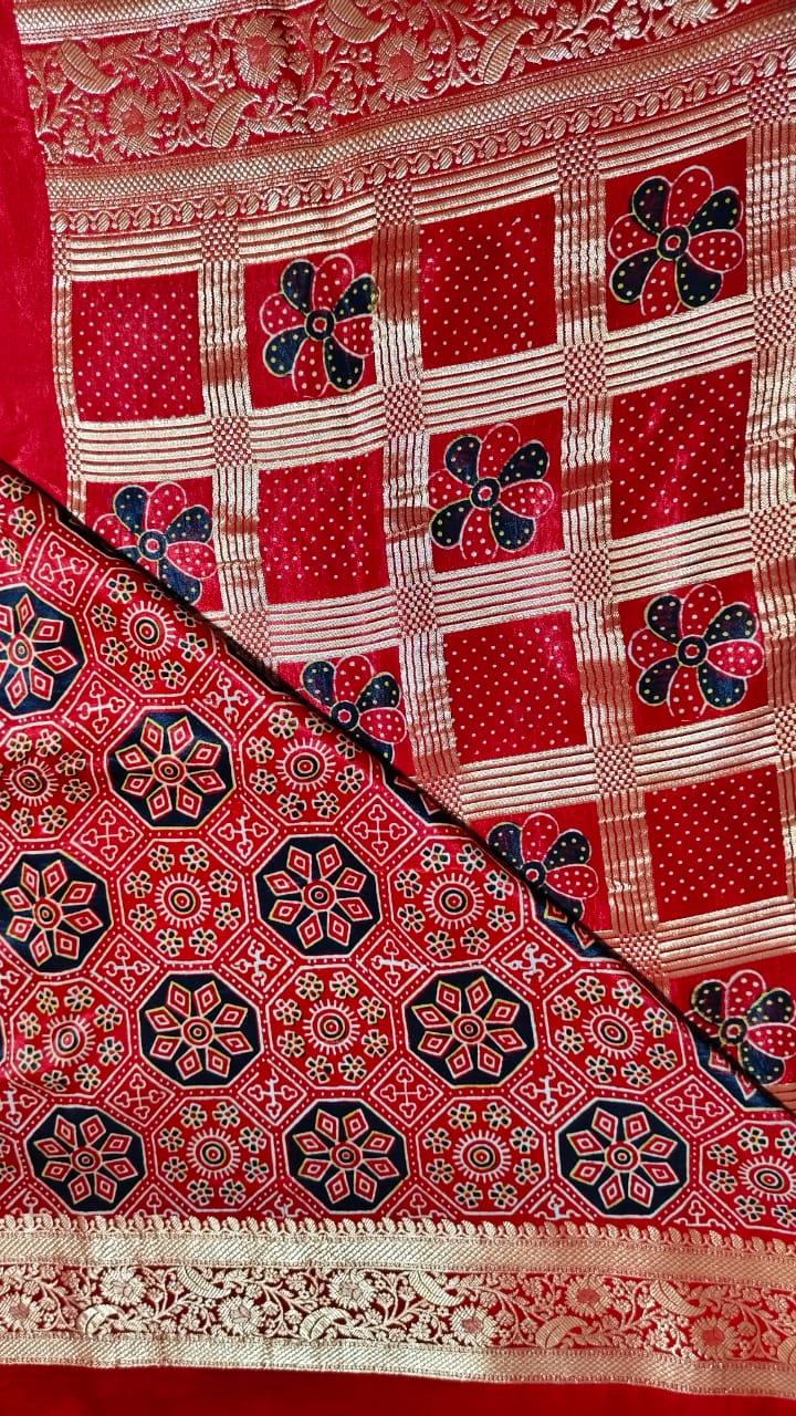 MADHURIMA - Ajrakh Gharchola Red Modal Silk Saree - Vasaka Jaipur