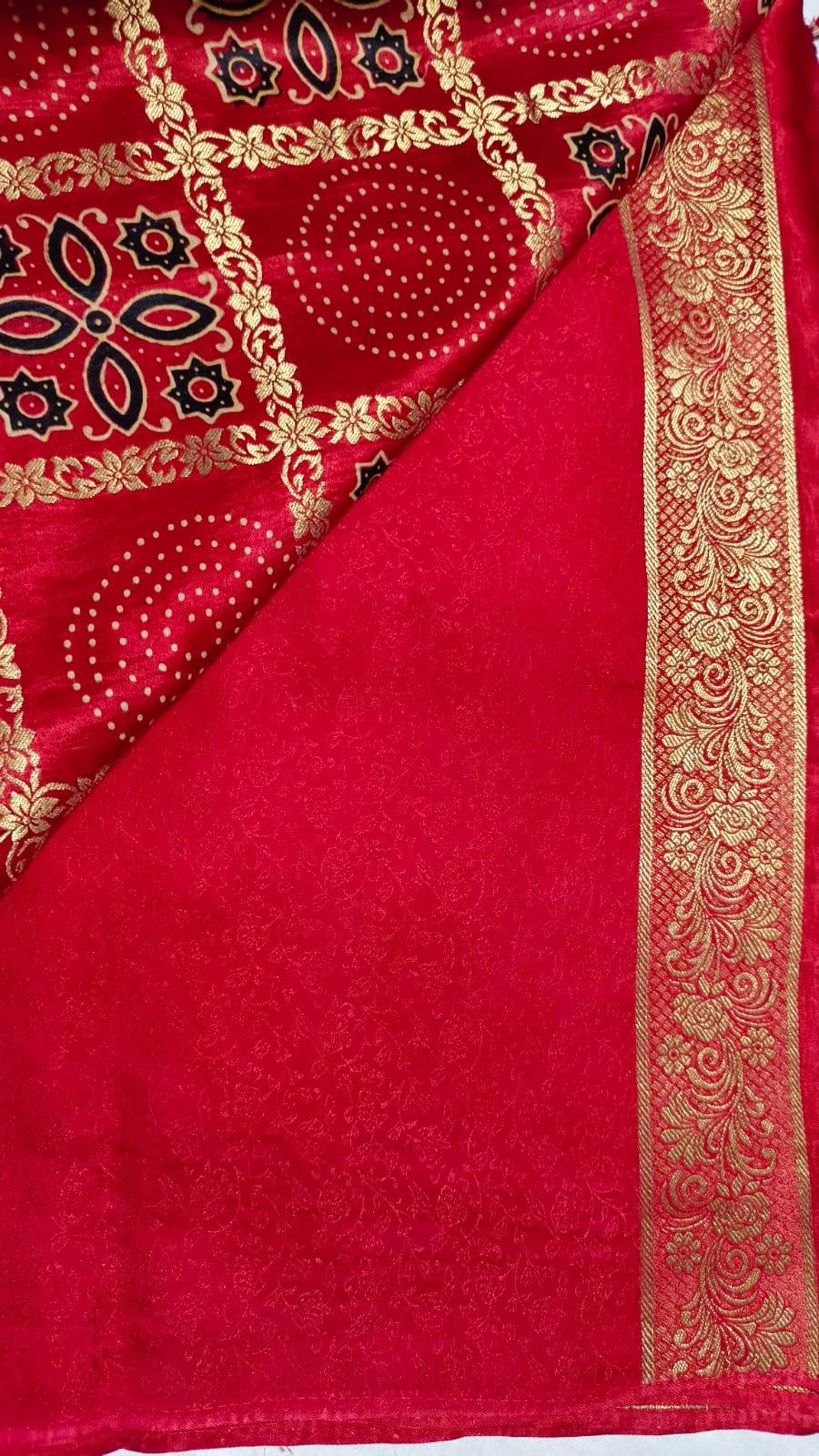 KUMUDINI - Ajrakh Gharchola Red Modal Silk Saree - Vasaka Jaipur