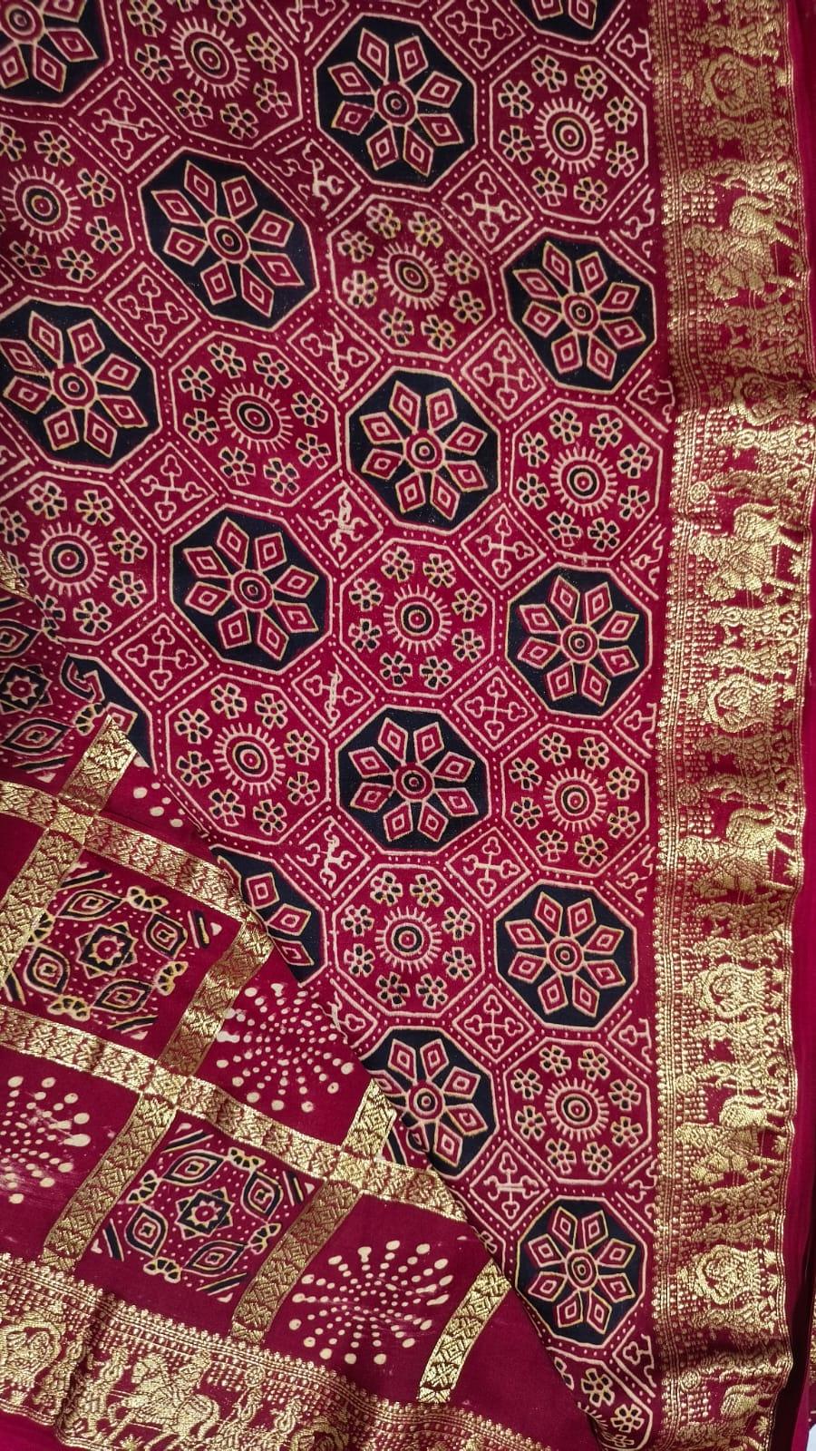 SWARNIMA - Ajrakh Gharchola Red Modal Silk Saree - Vasaka Jaipur
