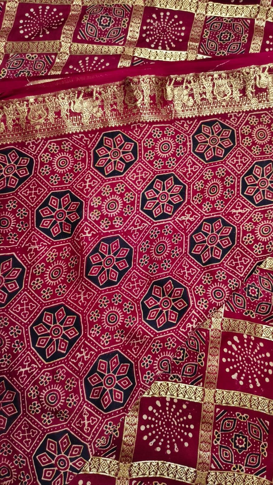 SWARNIMA - Ajrakh Gharchola Red Modal Silk Saree - Vasaka Jaipur