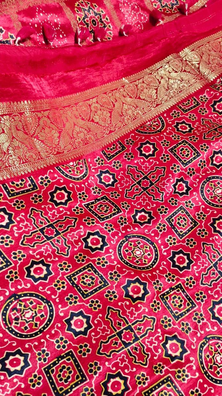 CHANDRIKA - Ajrakh Gharchola Red Modal Silk Saree - Vasaka Jaipur